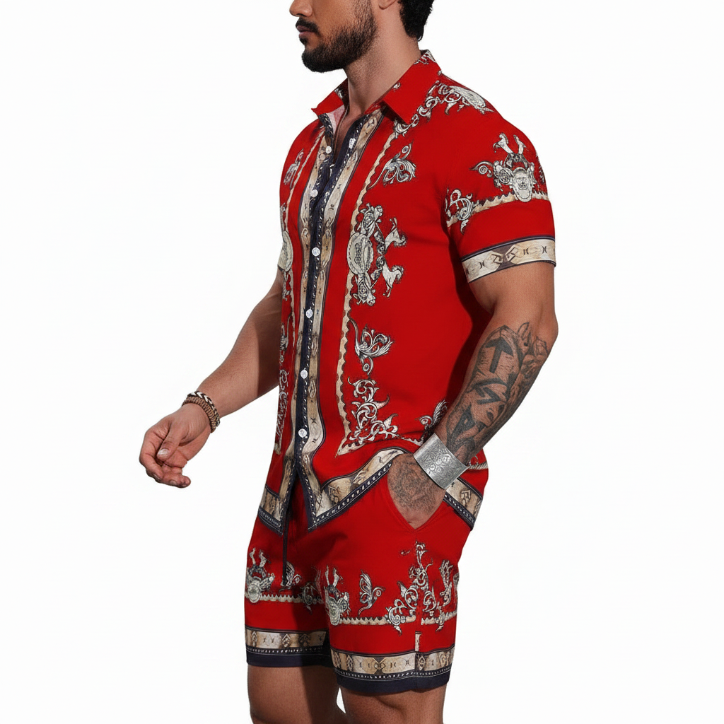 Men's Baroque Print Short Sleeve Button Down Shirt with Drawstring Shorts Set