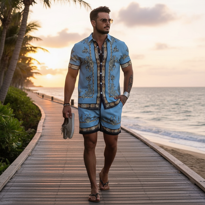 Men's Baroque Print Short Sleeve Button Down Shirt with Drawstring Shorts Set