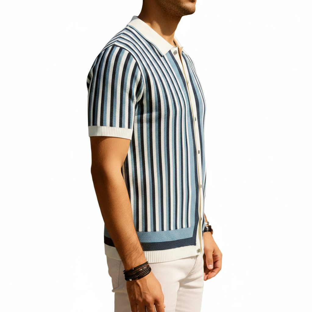 Men's Vertical Striped Short Sleeve Polo Shirt