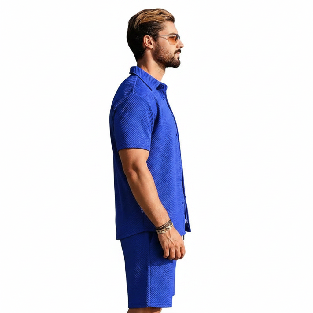 Men's Summer Two Piece Set with Textured Short Sleeve Shirt