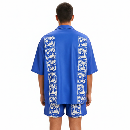 Men's Baroque Print Short Sleeve Button Down Shirt with Drawstring Shorts Set