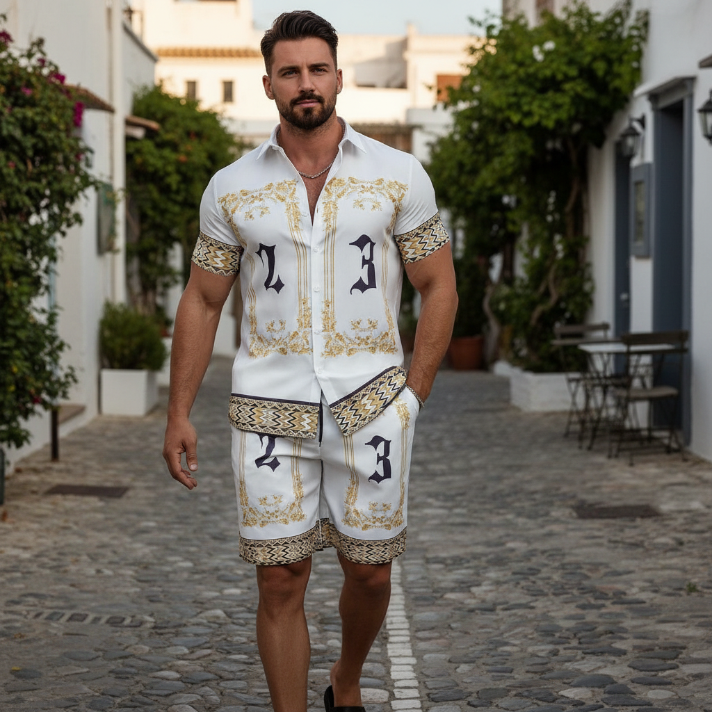 Men's Baroque Print Short Sleeve Button Down Shirt with Drawstring Shorts Set