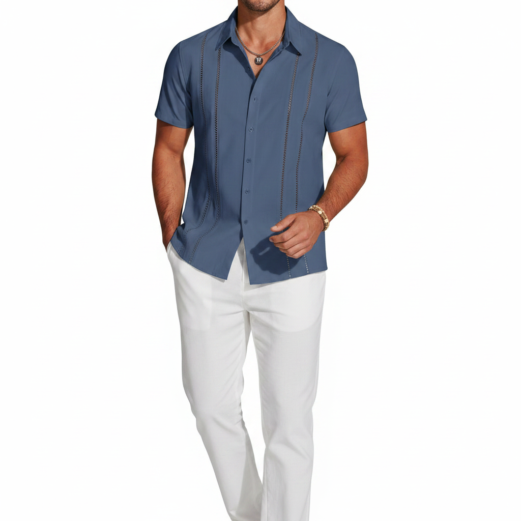 Men's Short Sleeve Button Down Shirt with Vertical Stripe Print