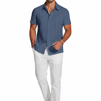 Men's Short Sleeve Button Down Shirt with Vertical Stripe Print