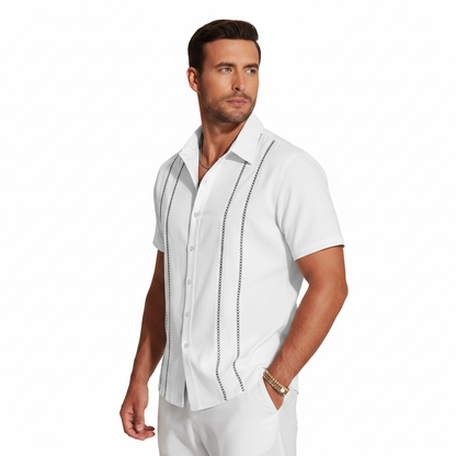 Men's Short Sleeve Button Down Shirt with Vertical Stripe Print