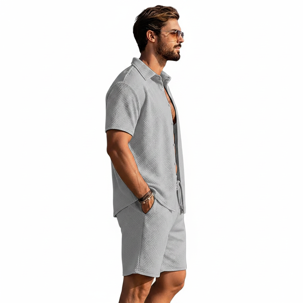 Men's Summer Two Piece Set with Textured Short Sleeve Shirt