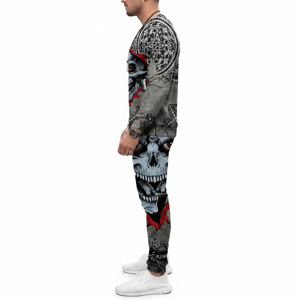 Men's Skull Print Long Sleeve Sweatshirt with Jogger Pants Set