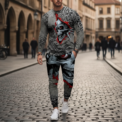 Men's Skull Print Long Sleeve Sweatshirt with Jogger Pants Set