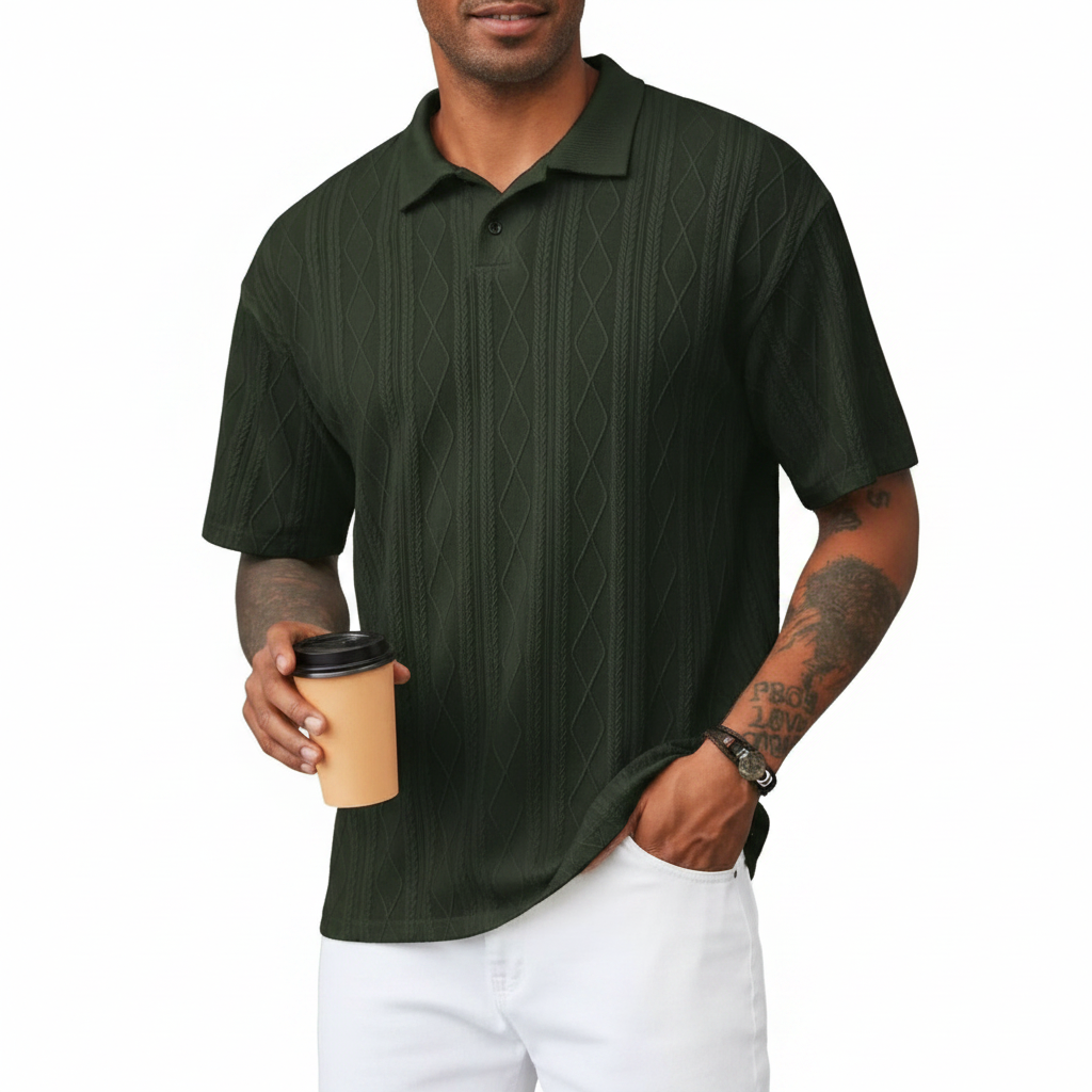 Men's Textured Short Sleeve Polo Shirt in Cotton Blend Fabric