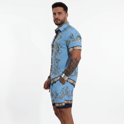 Men's Baroque Print Short Sleeve Button Down Shirt with Drawstring Shorts Set