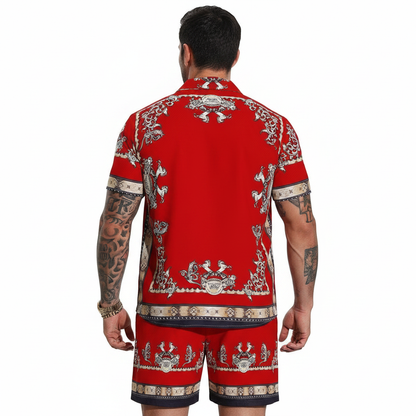 Men's Baroque Print Short Sleeve Button Down Shirt with Drawstring Shorts Set