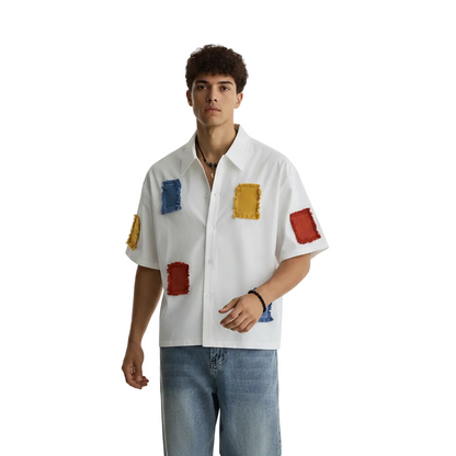 Men's Patchwork Button Down Shirt with Short Sleeves