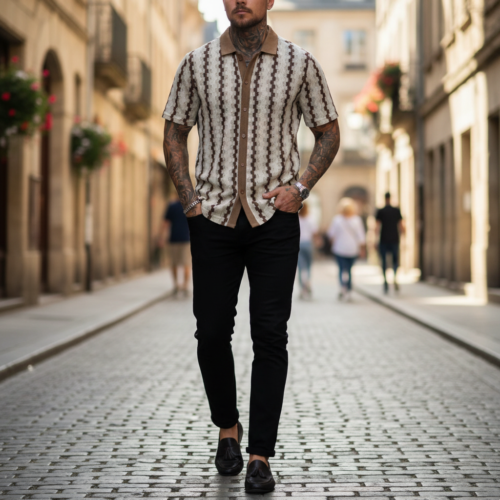 Men's Geometric Stripe Button Down Shirt with Textured Knit Design