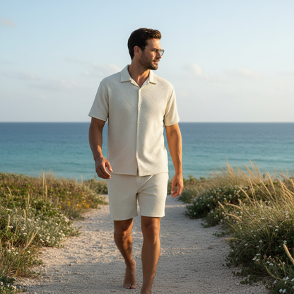 Men's Summer Two Piece Set with Textured Short Sleeve Shirt