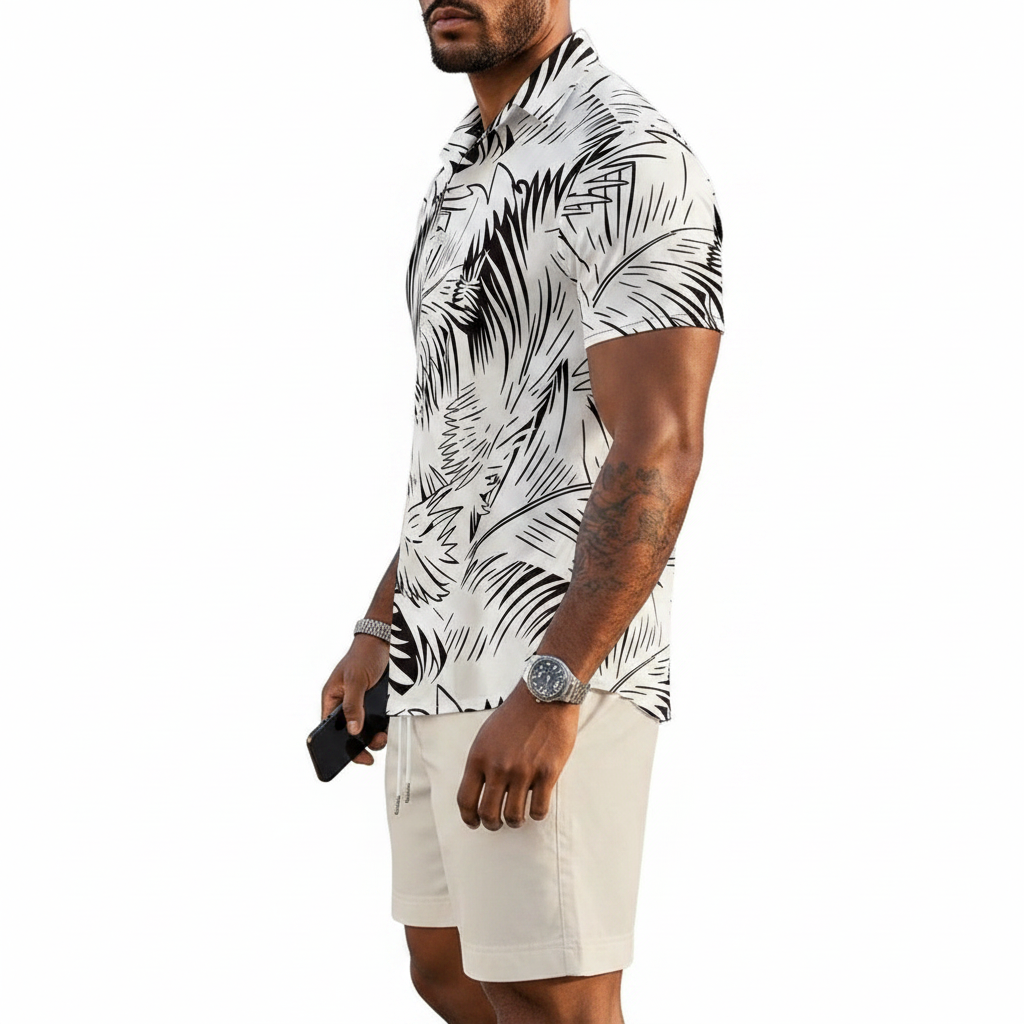 Men's Baroque Print Short Sleeve Button Down Shirt with Drawstring Shorts Set
