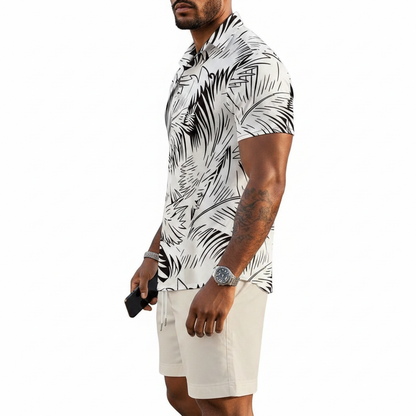 Men's Baroque Print Short Sleeve Button Down Shirt with Drawstring Shorts Set