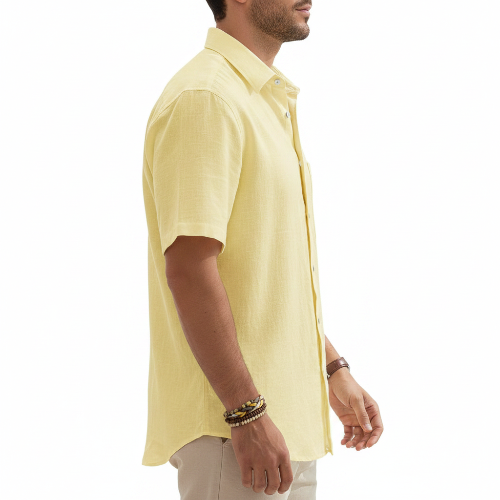 Men's Linen Short Sleeve Button Down Shirt with Chest Pocket
