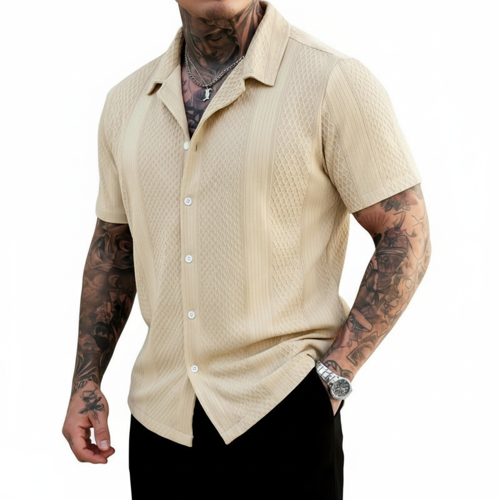 Men's Textured Button Down Shirt with Short Sleeves