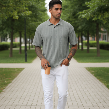 Men's Textured Short Sleeve Polo Shirt in Cotton Blend Fabric