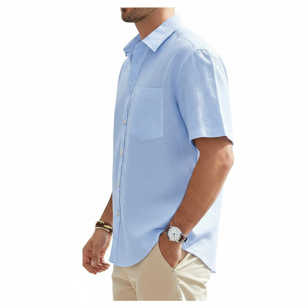 Men's Linen Short Sleeve Button Down Shirt with Chest Pocket