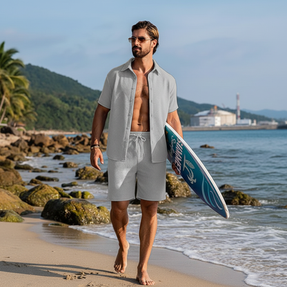 Men's Summer Two Piece Set with Textured Short Sleeve Shirt
