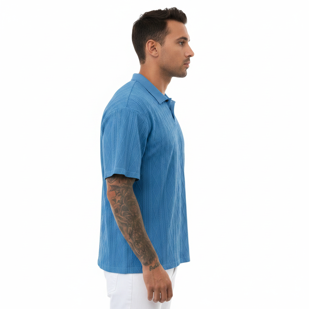 Men's Textured Short Sleeve Polo Shirt in Cotton Blend Fabric