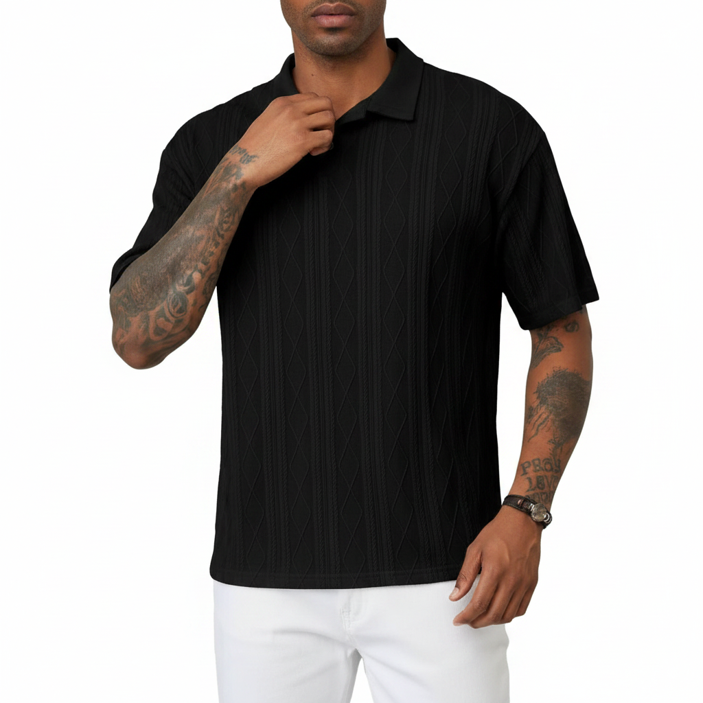 Men's Textured Short Sleeve Polo Shirt in Cotton Blend Fabric