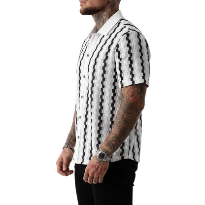 Men's Geometric Stripe Button Down Shirt with Textured Knit Design