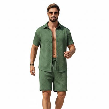 Men's Summer Two Piece Set with Textured Short Sleeve Shirt