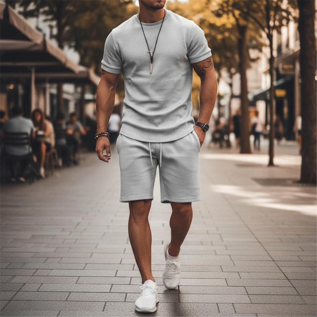 Men's Textured Short Sleeve T-Shirt with Drawstring Shorts Set