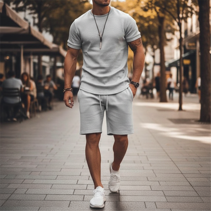 Men's Textured Short Sleeve T-Shirt with Drawstring Shorts Set