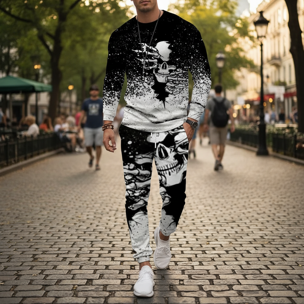 Men's Skull Print Long Sleeve Sweatshirt with Jogger Pants Set