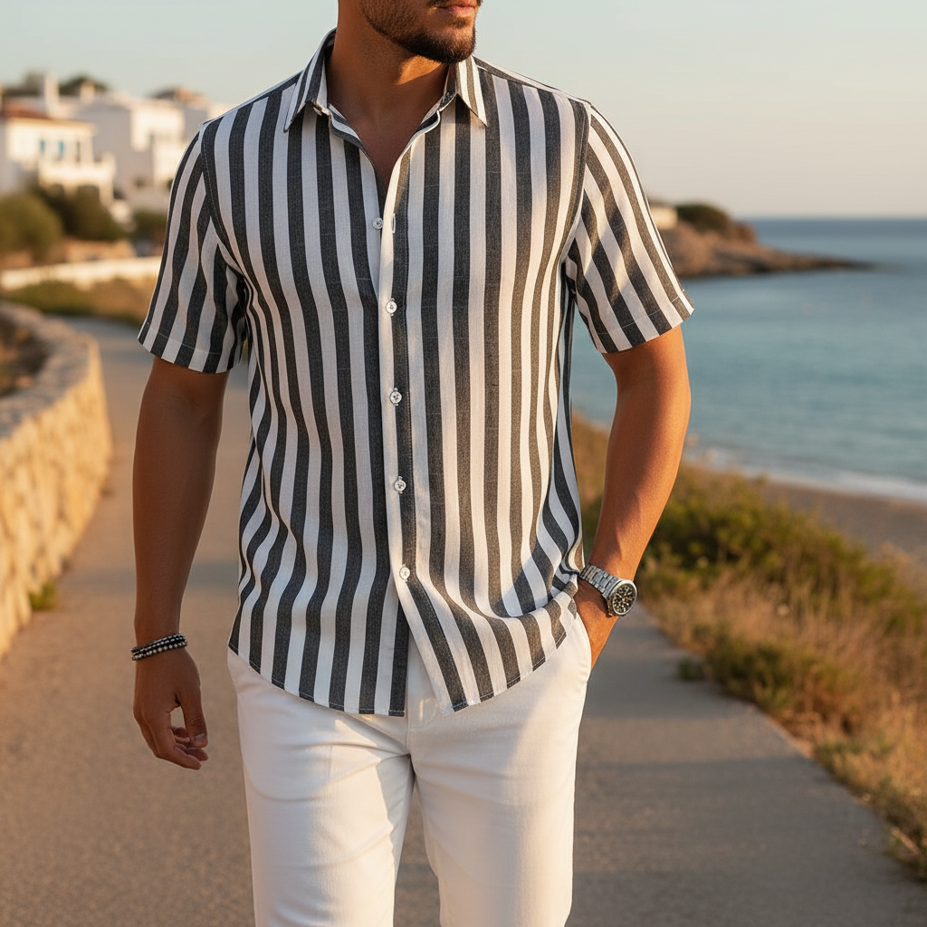 Men's Vertical Striped Short Sleeve Button Down Shirt