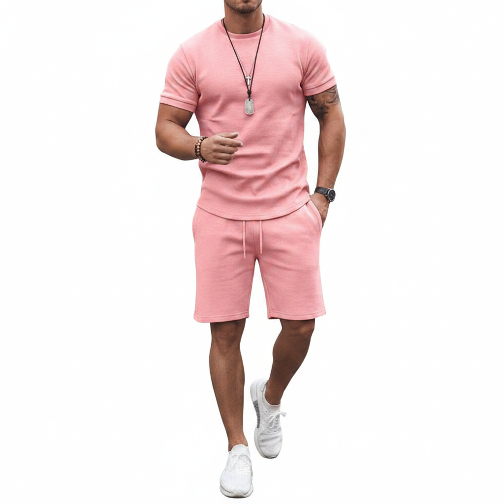Men's Textured Short Sleeve T-Shirt with Drawstring Shorts Set