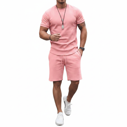 Men's Textured Short Sleeve T-Shirt with Drawstring Shorts Set