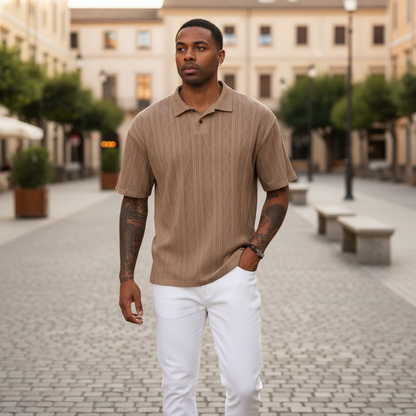 Men's Textured Short Sleeve Polo Shirt in Cotton Blend Fabric