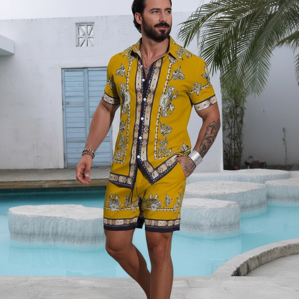 Men's Baroque Print Short Sleeve Button Down Shirt with Drawstring Shorts Set