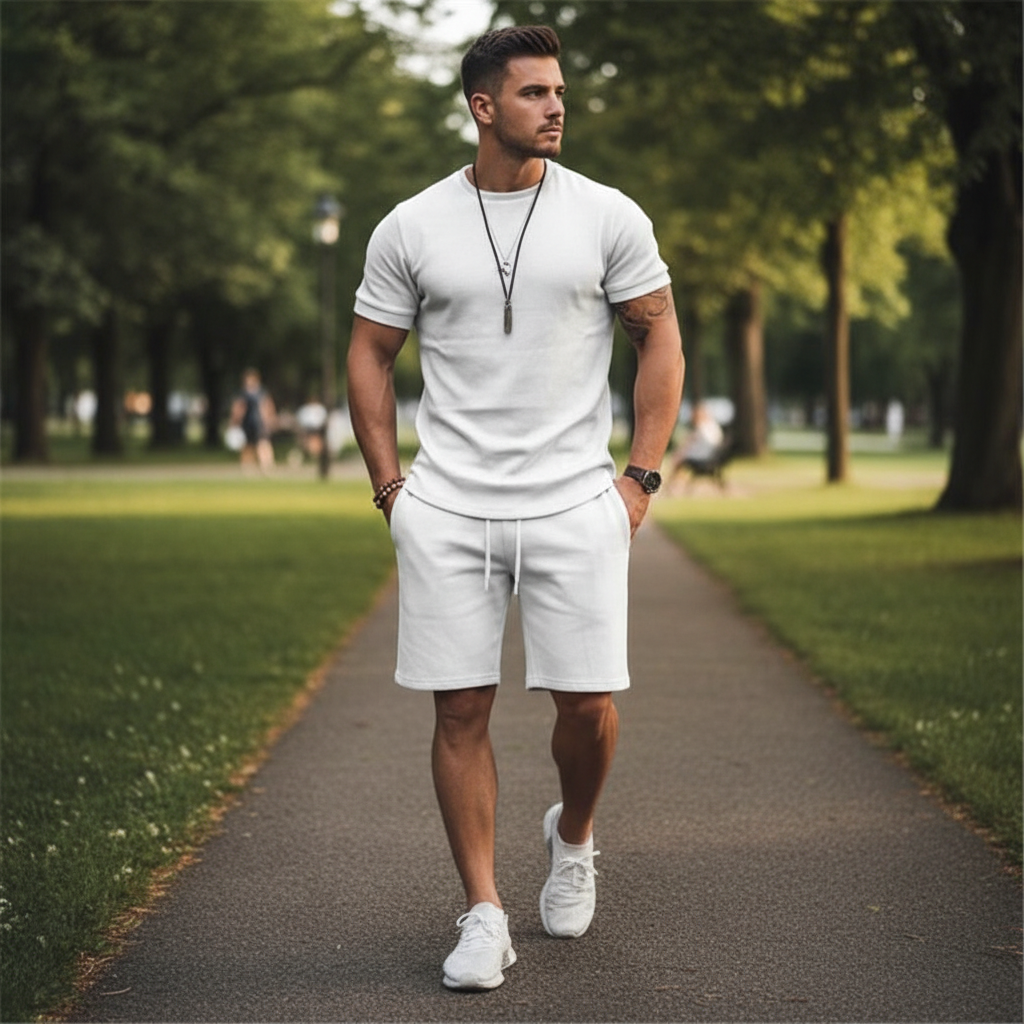 Men's Textured Short Sleeve T-Shirt with Drawstring Shorts Set
