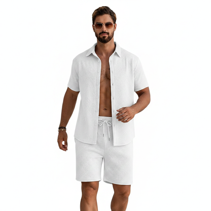 Men's Summer Two Piece Set with Textured Short Sleeve Shirt
