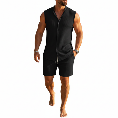 Men's Summer Two Piece Outfit with Sleeveless Button Down Shirt