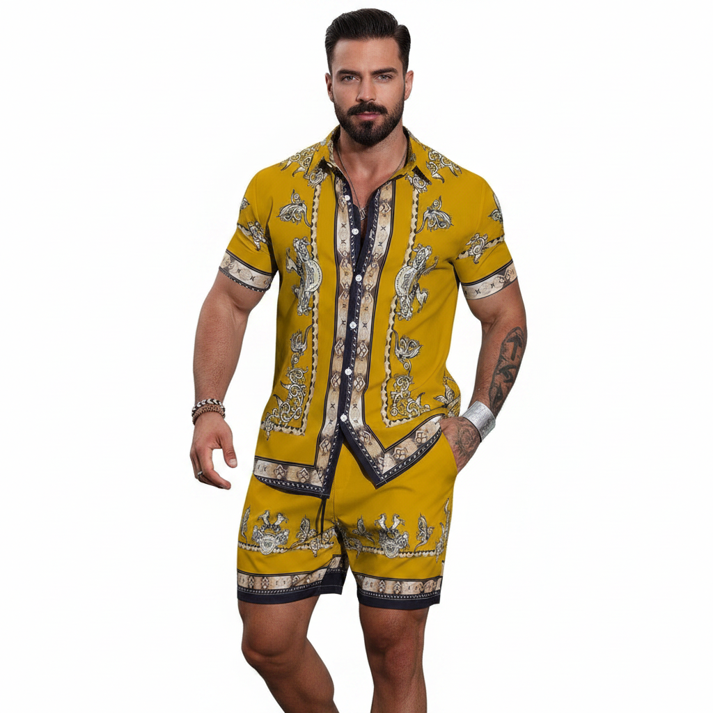 Men's Baroque Print Short Sleeve Button Down Shirt with Drawstring Shorts Set