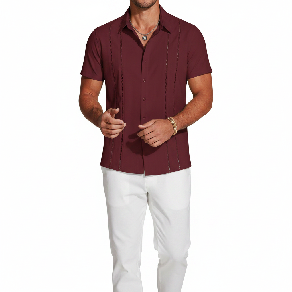 Men's Short Sleeve Button Down Shirt with Vertical Stripe Print