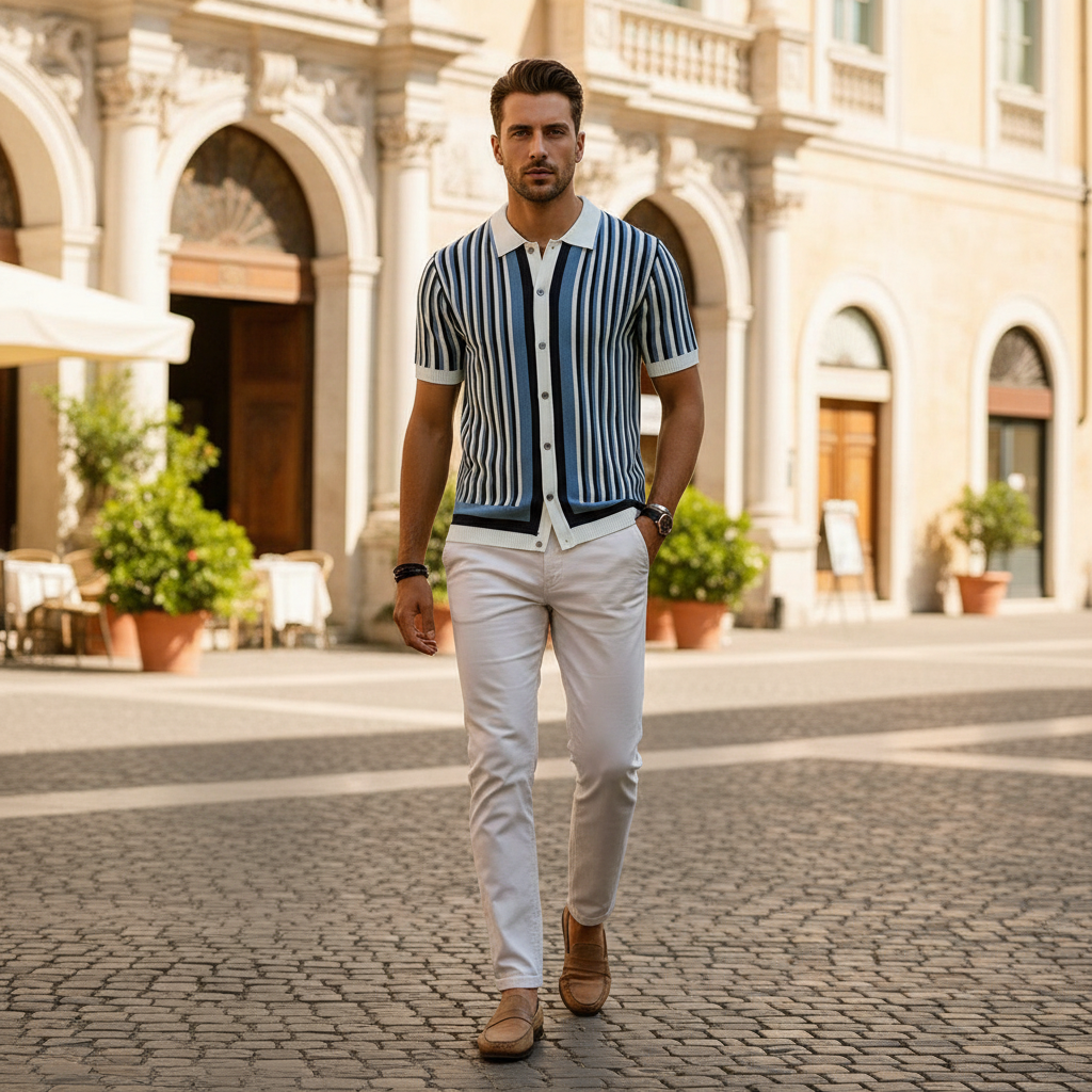 Men's Vertical Striped Short Sleeve Polo Shirt