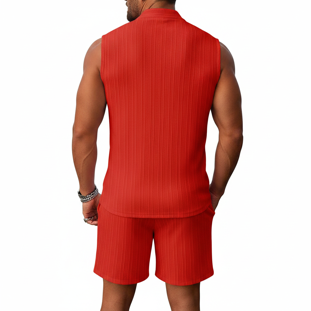 Men's Summer Two Piece Outfit with Sleeveless Button Down Shirt
