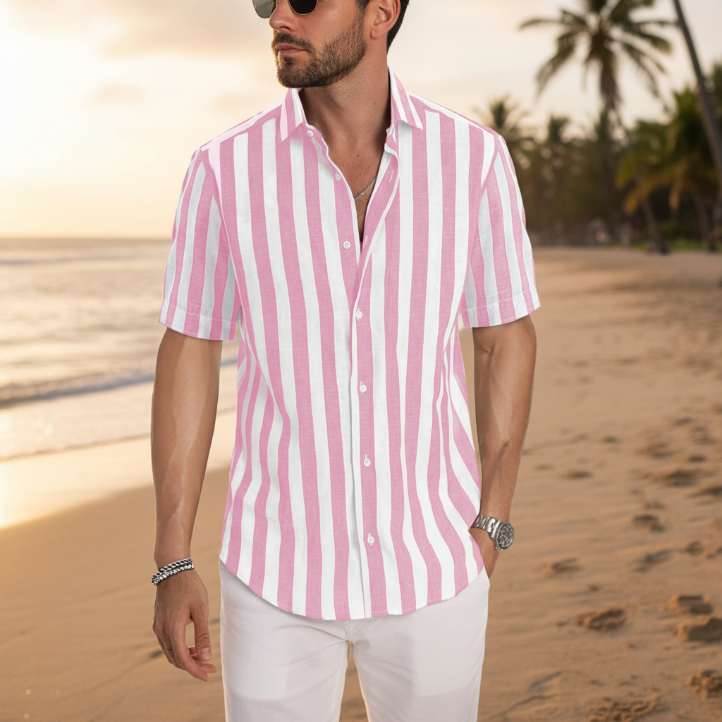 Men's Vertical Striped Short Sleeve Button Down Shirt