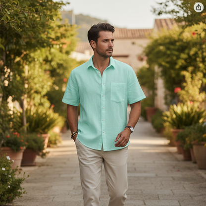 Men's Linen Short Sleeve Button Down Shirt with Chest Pocket