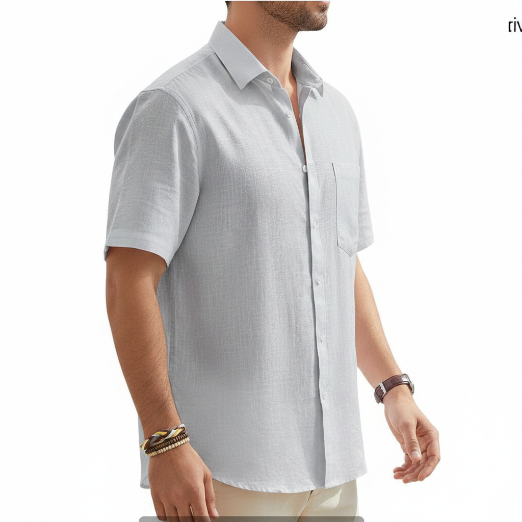 Men's Linen Short Sleeve Button Down Shirt with Chest Pocket