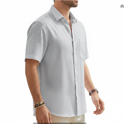 Men's Linen Short Sleeve Button Down Shirt with Chest Pocket