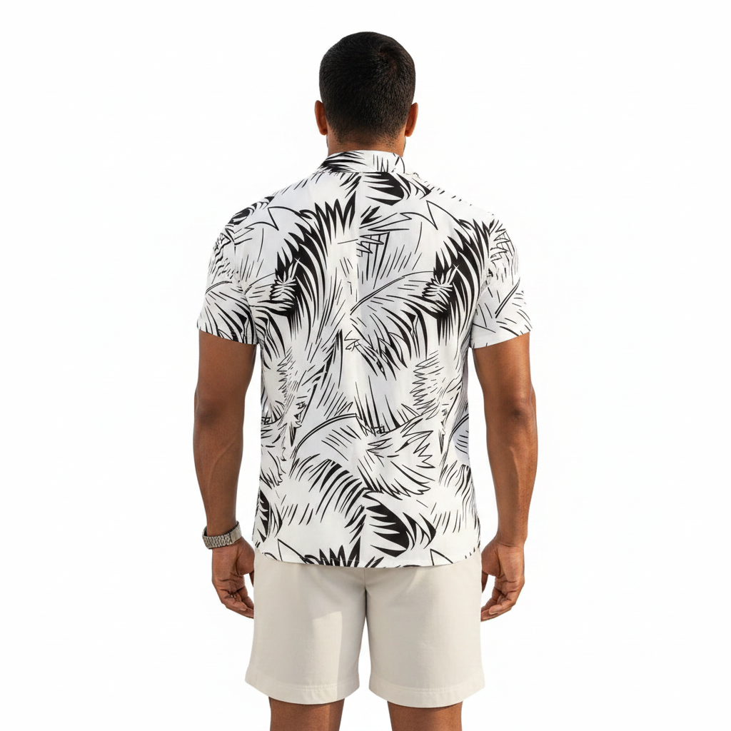 Men's Baroque Print Short Sleeve Button Down Shirt with Drawstring Shorts Set
