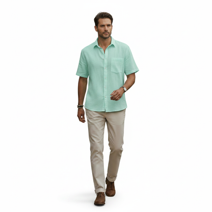 Men's Linen Short Sleeve Button Down Shirt with Chest Pocket